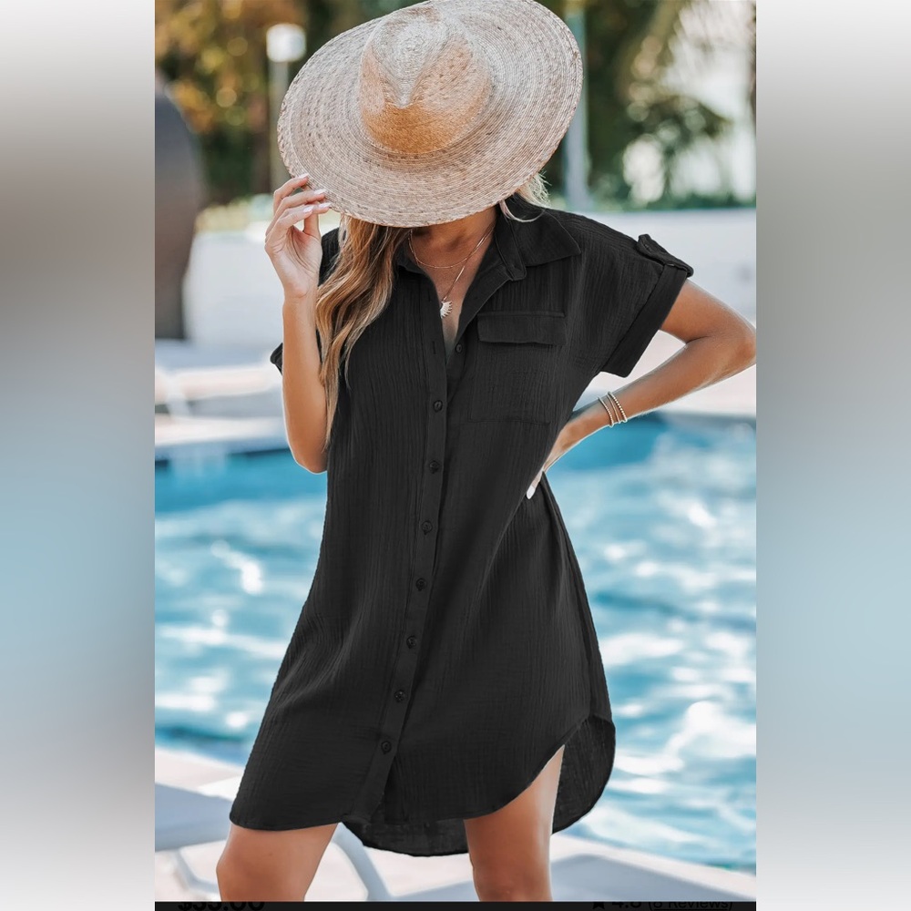 NWT Black Cotton Collared Button-Up Mini Dress Swim Cover-Up